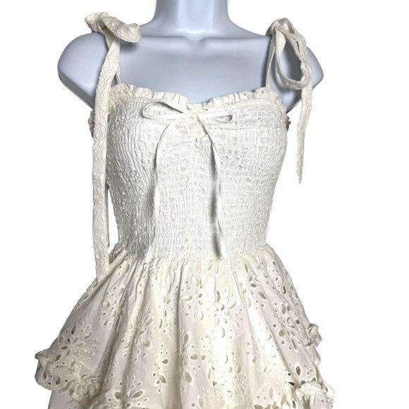 YUMI KIM Rita mini dress white eyelet size small tiered shoulder ties smocked - Picture 3 of 13